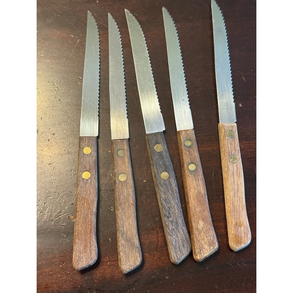 Lot Of 5 Vintage Stainless Steel Steak Knives With Wood Handles Japan - Picture 3 of 6